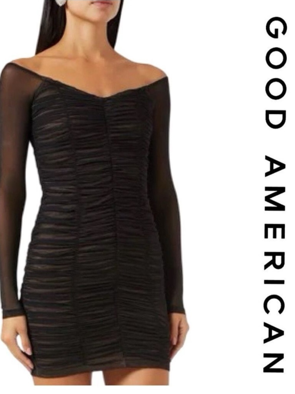 NWT $129 GOOD AMERICAN
Ruched Off-shoulder Mini Dress in Mesh -Small